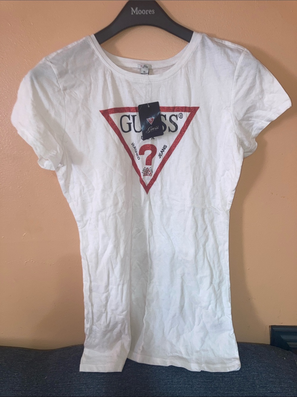 GUESS White Tee with Red Triangle Logo
